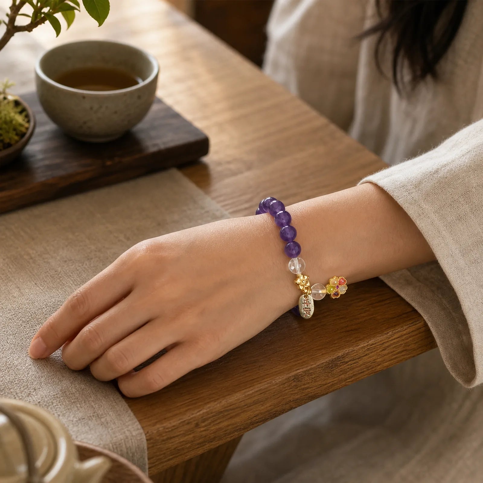 "All the best for Calm and Wisdom" Amethyst Safe Bracelet Includes Gift Message Card featuring Amethyst, Clear Quartz / White Crystal, Copper