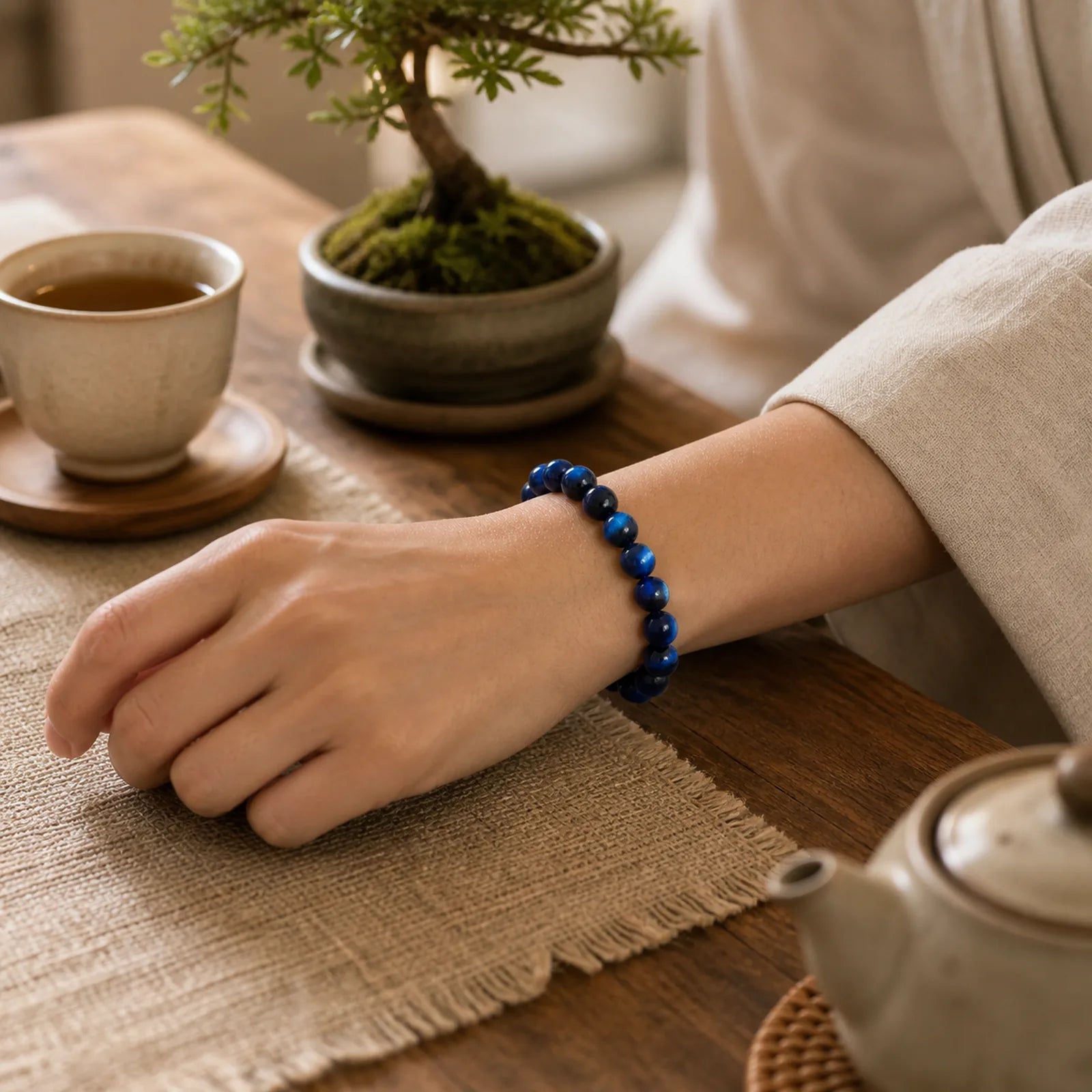 "All the best for Focus and Clarity" Tiger Eye Bracelet Includes Gift Message Card featuring Tiger Eye, Blue Tiger Eye