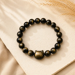 "All the best for Luck and Confidence" Lovely Cat Bracelet Includes Gift Message Card featuring Golden Obsidian, Obsidian, Gold Sheen Obsidian