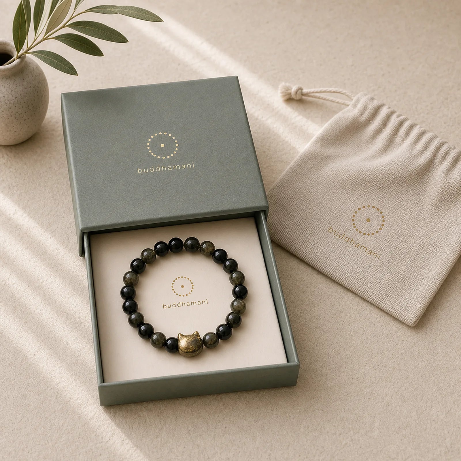 "All the best for Luck and Confidence" Lovely Cat Bracelet Includes Gift Message Card featuring Golden Obsidian, Obsidian, Gold Sheen Obsidian