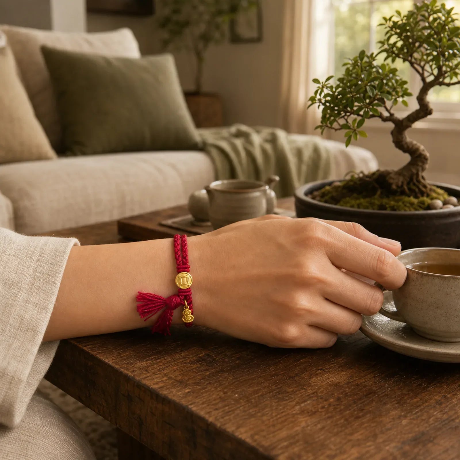 Alloy Chinese Coin Gourd Pendant Wealth Double-Strand Red String Bracelet featuring Red String, Copper