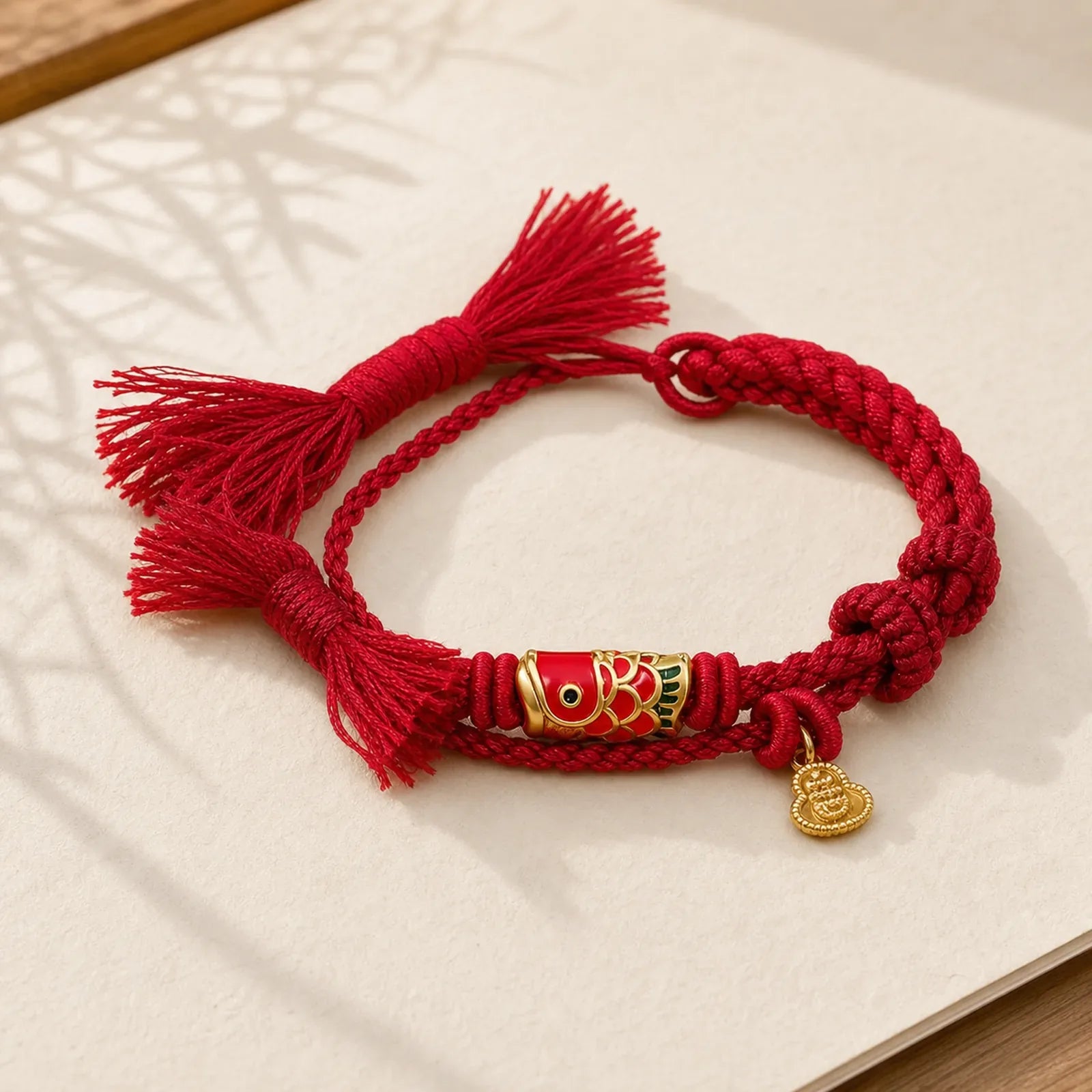 Alloy Koi Fish Gourd Pendant Success Retro Double-Strand String Bracelet featuring Koi Fish, Yin Yang Symbol, Red String