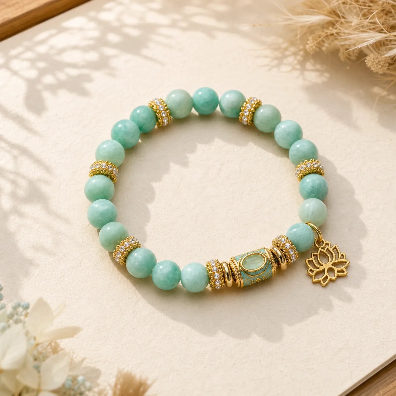 Amazonite Enamel Barrel Bead Lotus Pendant Love Hand Polished Round Bead Bracelet featuring Amazonite, Lotus, Lotus Symbol