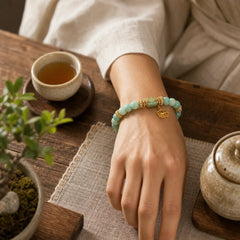 Amazonite Enamel Barrel Bead Lotus Pendant Love Hand Polished Round Bead Bracelet featuring Amazonite, Lotus, Lotus Symbol
