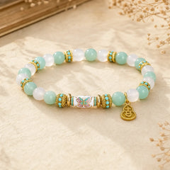 Amazonite White Agate Enamel Barrel Bead Butterfly Hand Polished Round Bead Bracelet featuring Amazonite, White Agate, Butterfly