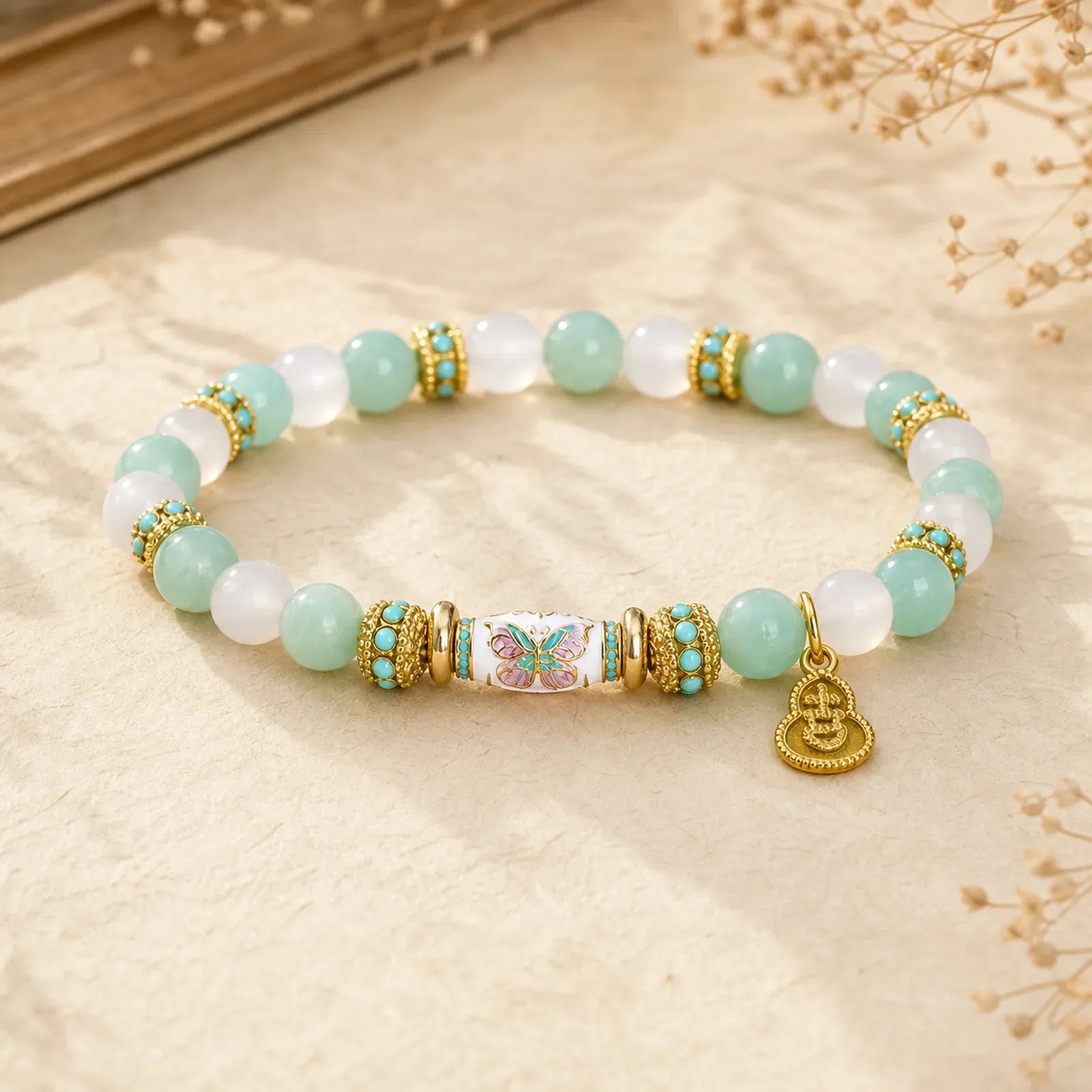 Amazonite White Agate Enamel Barrel Bead Butterfly Hand Polished Round Bead Bracelet featuring Amazonite, White Agate, Butterfly