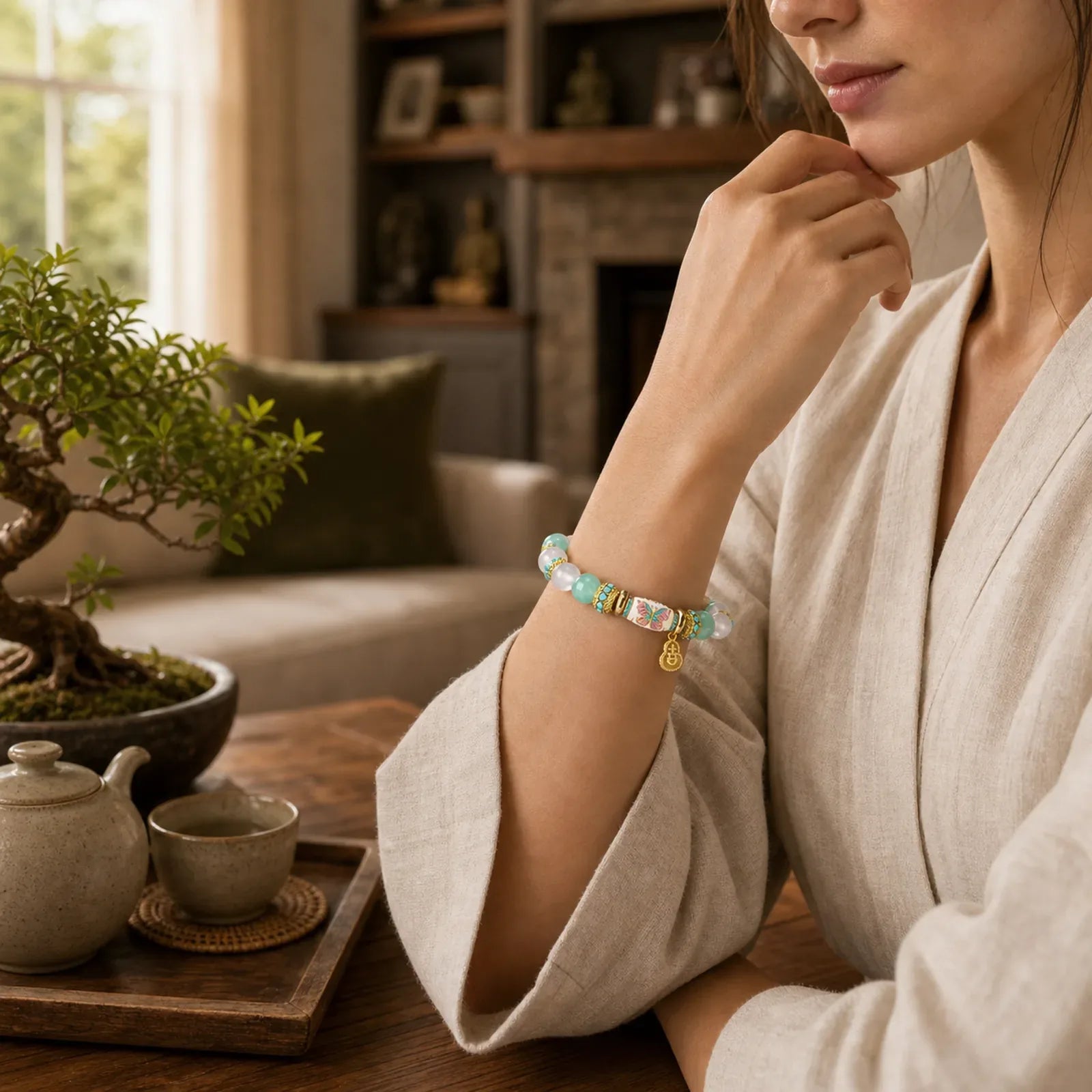 Amazonite White Agate Enamel Barrel Bead Butterfly Hand Polished Round Bead Bracelet featuring Amazonite, White Agate, Butterfly
