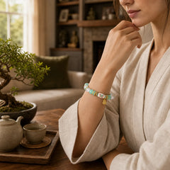 Amazonite White Agate Enamel Barrel Bead Butterfly Hand Polished Round Bead Bracelet featuring Amazonite, White Agate, Butterfly