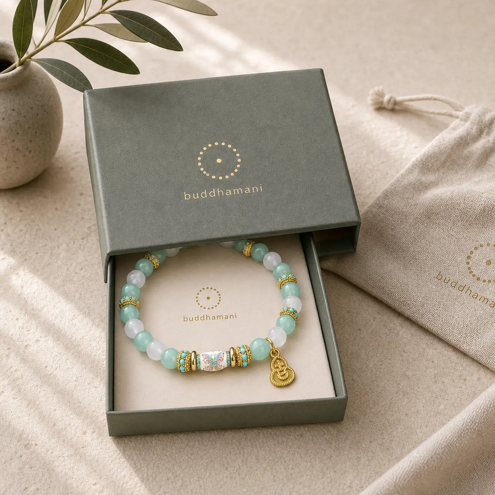 Amazonite White Agate Enamel Barrel Bead Butterfly Hand Polished Round Bead Bracelet featuring Amazonite, White Agate, Butterfly