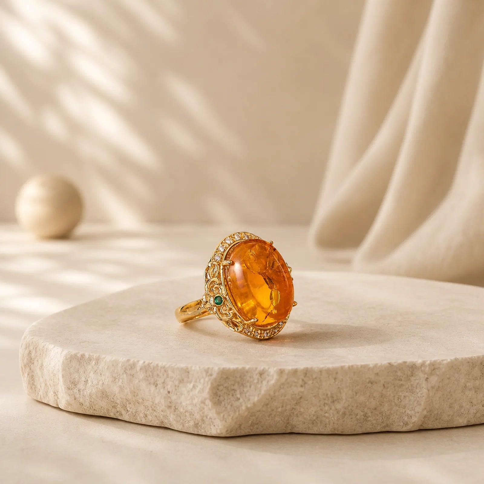 Amber Flower Pigeon Egg Pattern Focus Ring featuring Amber, Copper