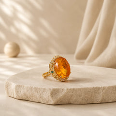 Amber Flower Pigeon Egg Pattern Focus Ring featuring Amber, Copper
