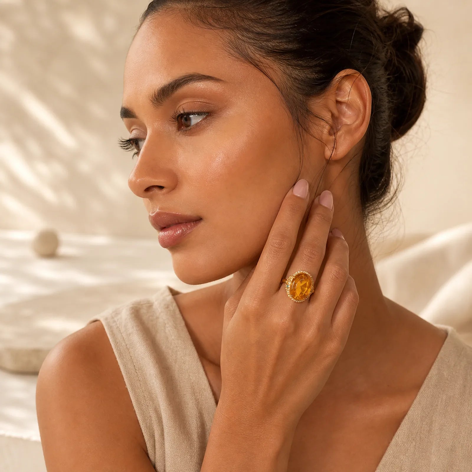 Amber Flower Pigeon Egg Pattern Focus Ring featuring Amber, Copper