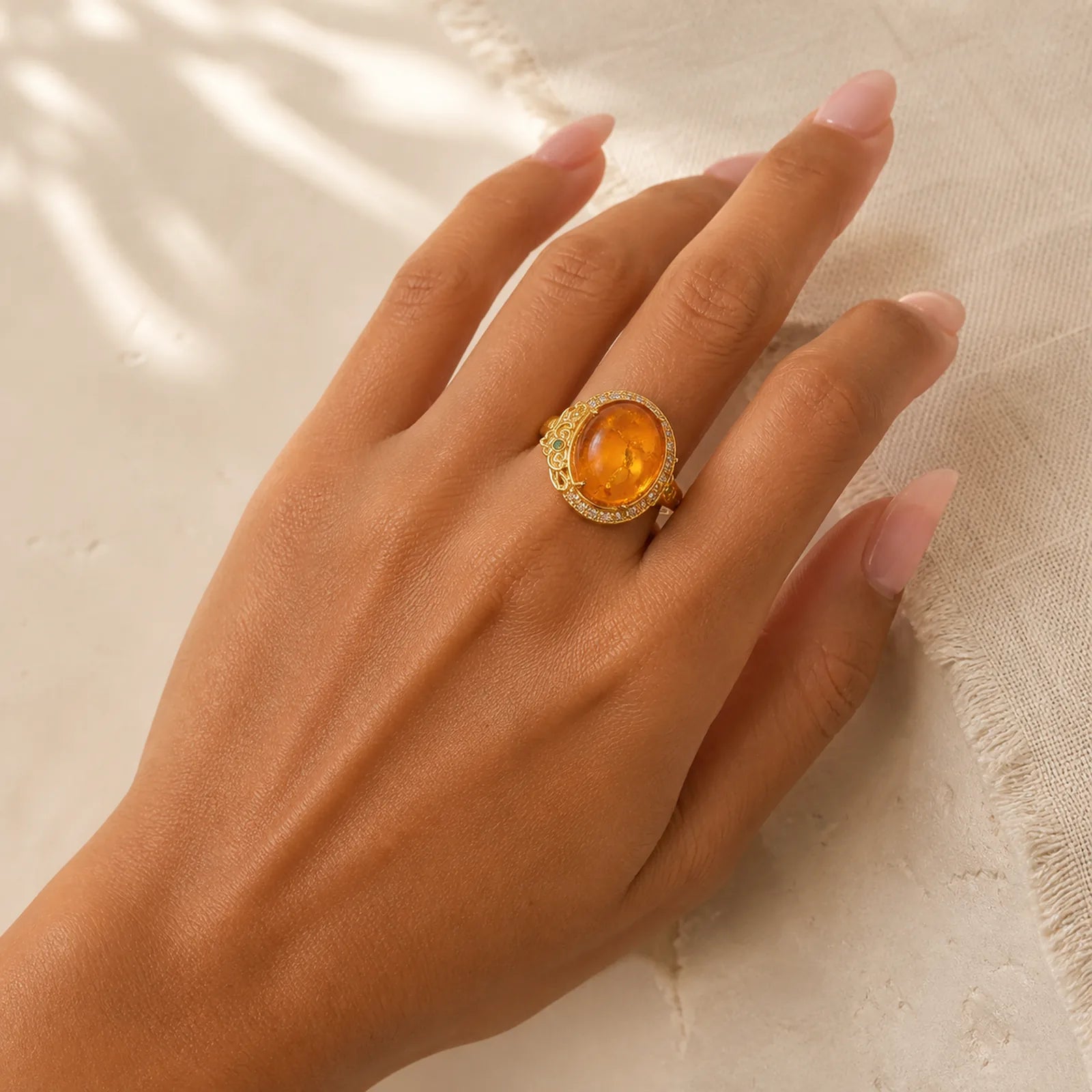 Amber Flower Pigeon Egg Pattern Focus Ring featuring Amber, Copper