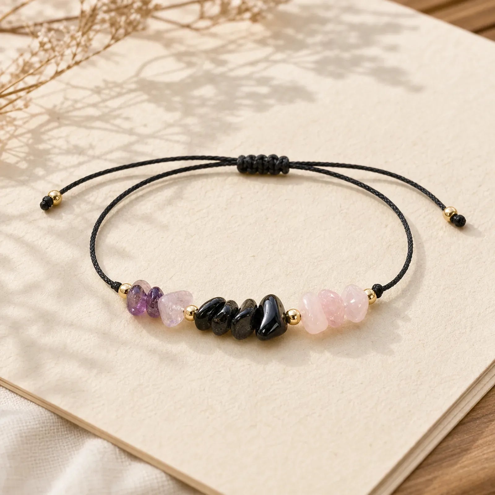 Amethyst Black Tourmaline Rose Quartz Empath Card Rope Bracelet featuring Amethyst, Tourmaline, Rose Quartz