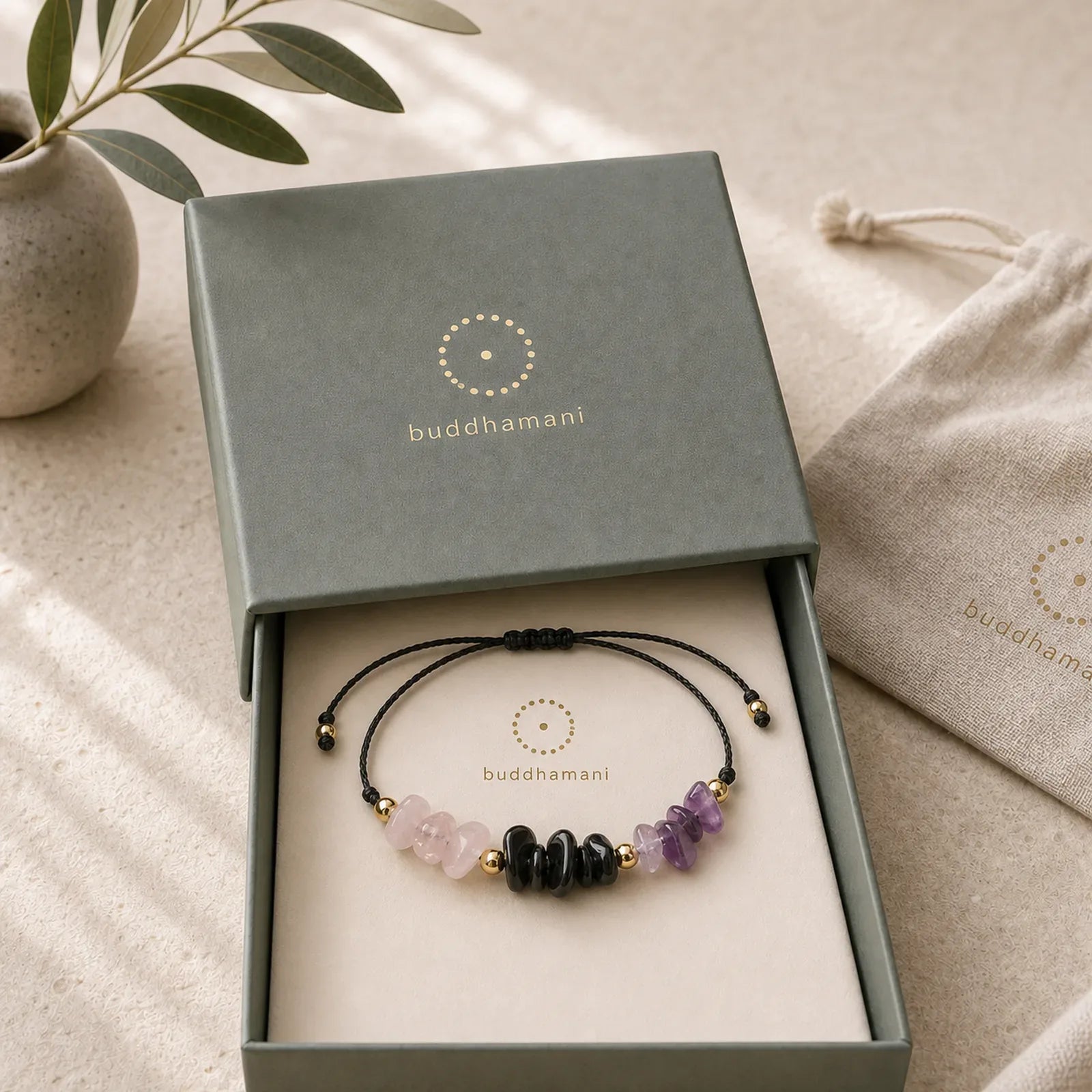 Amethyst Black Tourmaline Rose Quartz Empath Card Rope Bracelet featuring Amethyst, Tourmaline, Rose Quartz