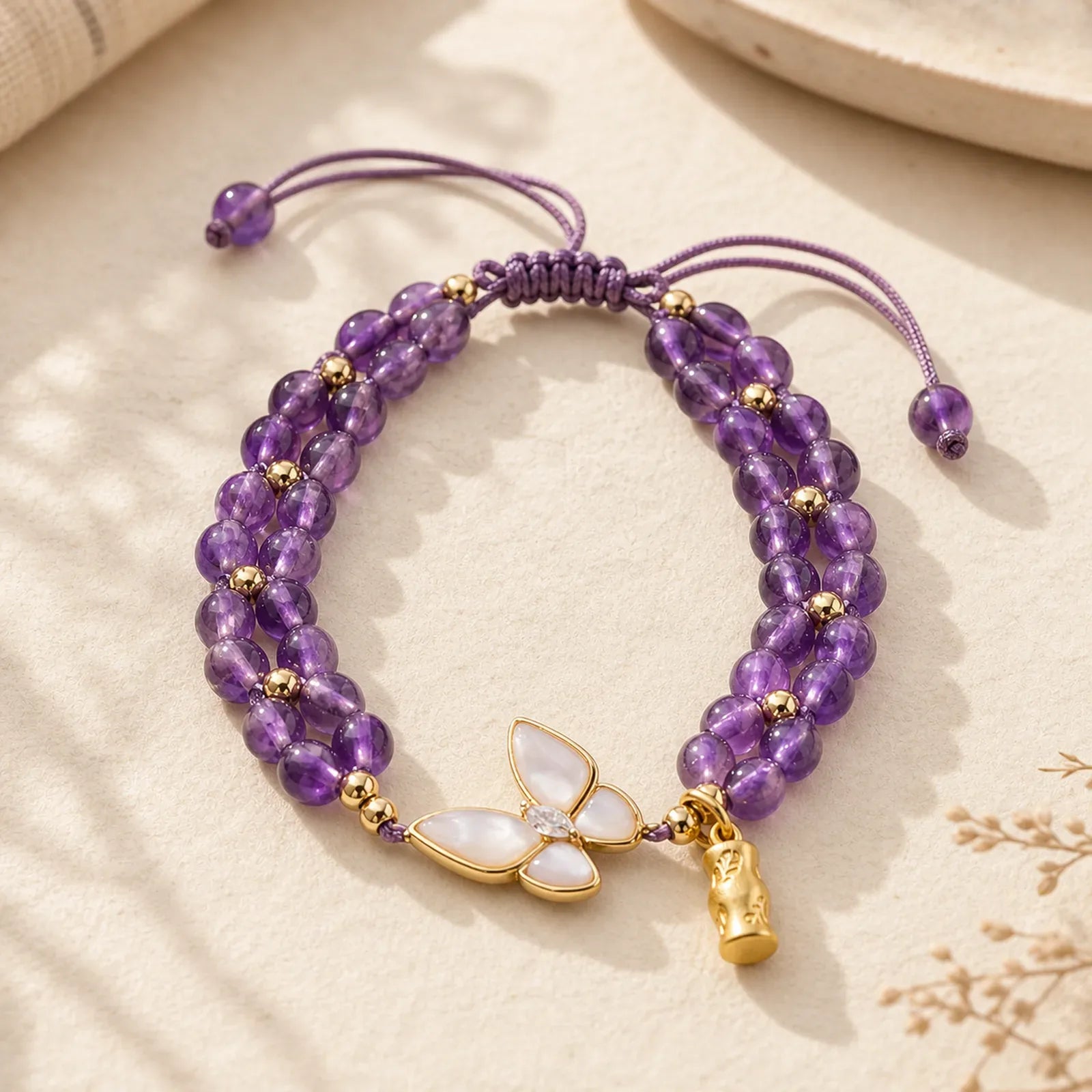 Amethyst Butterfly Bamboo Balance Relieves Stress Braided String Bracelet featuring Amethyst, Butterfly, Bamboo