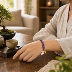 Amethyst Butterfly Bamboo Balance Relieves Stress Braided String Bracelet featuring Amethyst, Butterfly, Bamboo
