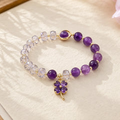 Amethyst Crystal Four Leaf Clover Healing Charm Bracelet featuring Amethyst