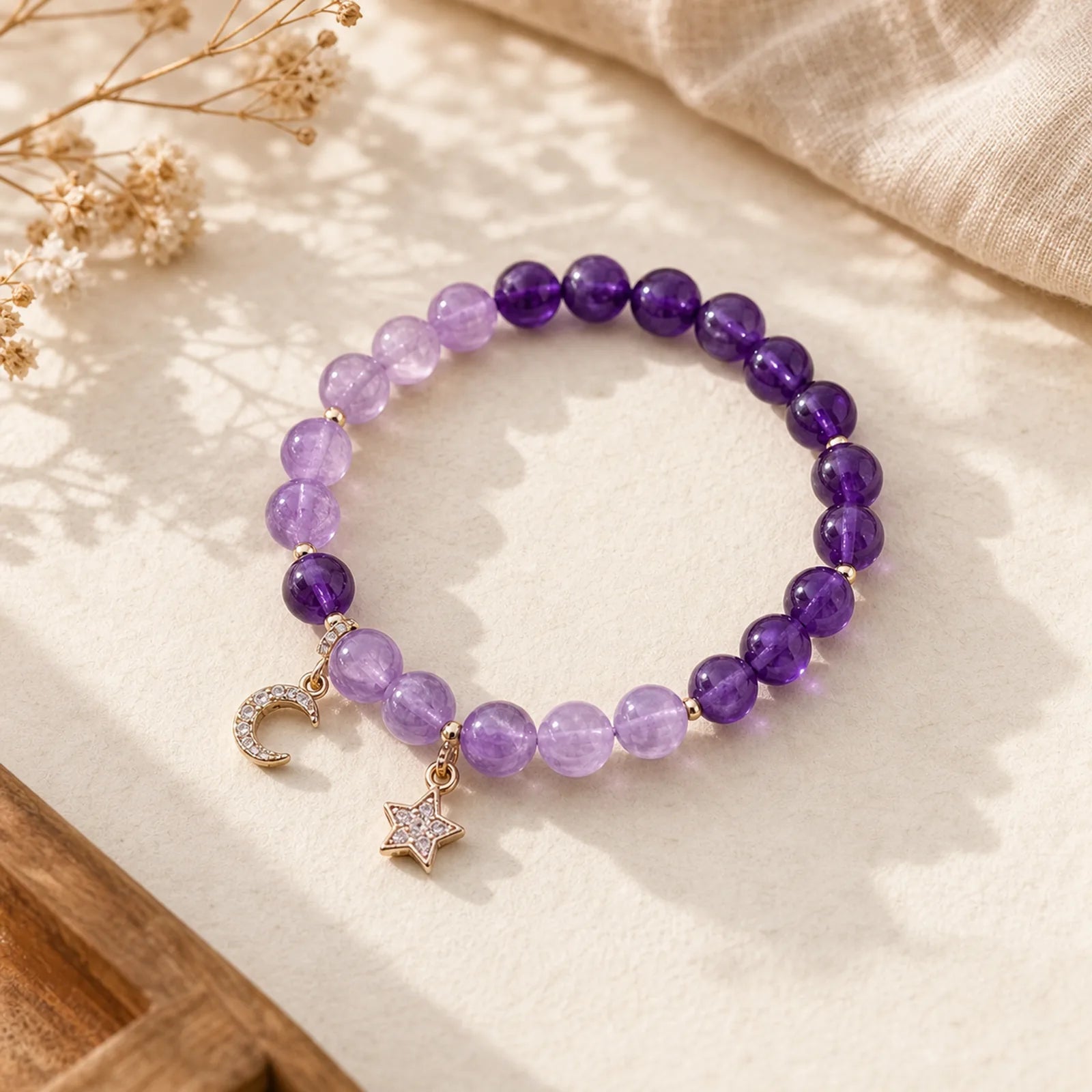 Amethyst Crystal Moon Star Healing Bracelet featuring Amethyst