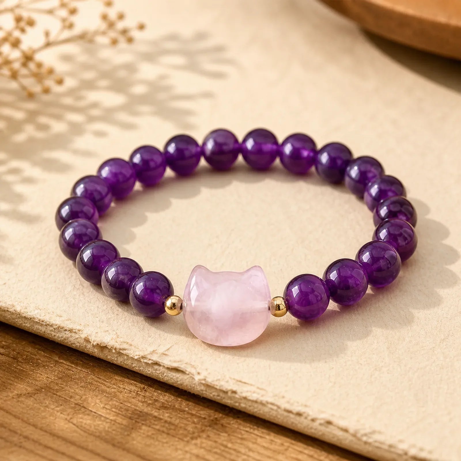 Amethyst Green Aventurine Rose Quartz Fluorite Cat Head Balance Luck Bracelet featuring Amethyst, Green Aventurine, Rose Quartz