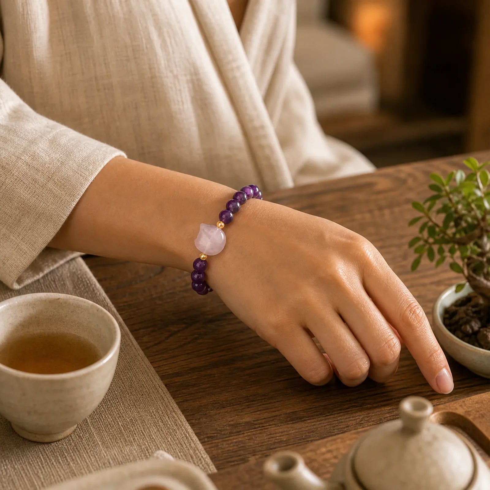 Amethyst Green Aventurine Rose Quartz Fluorite Cat Head Balance Luck Bracelet featuring Amethyst, Green Aventurine, Rose Quartz