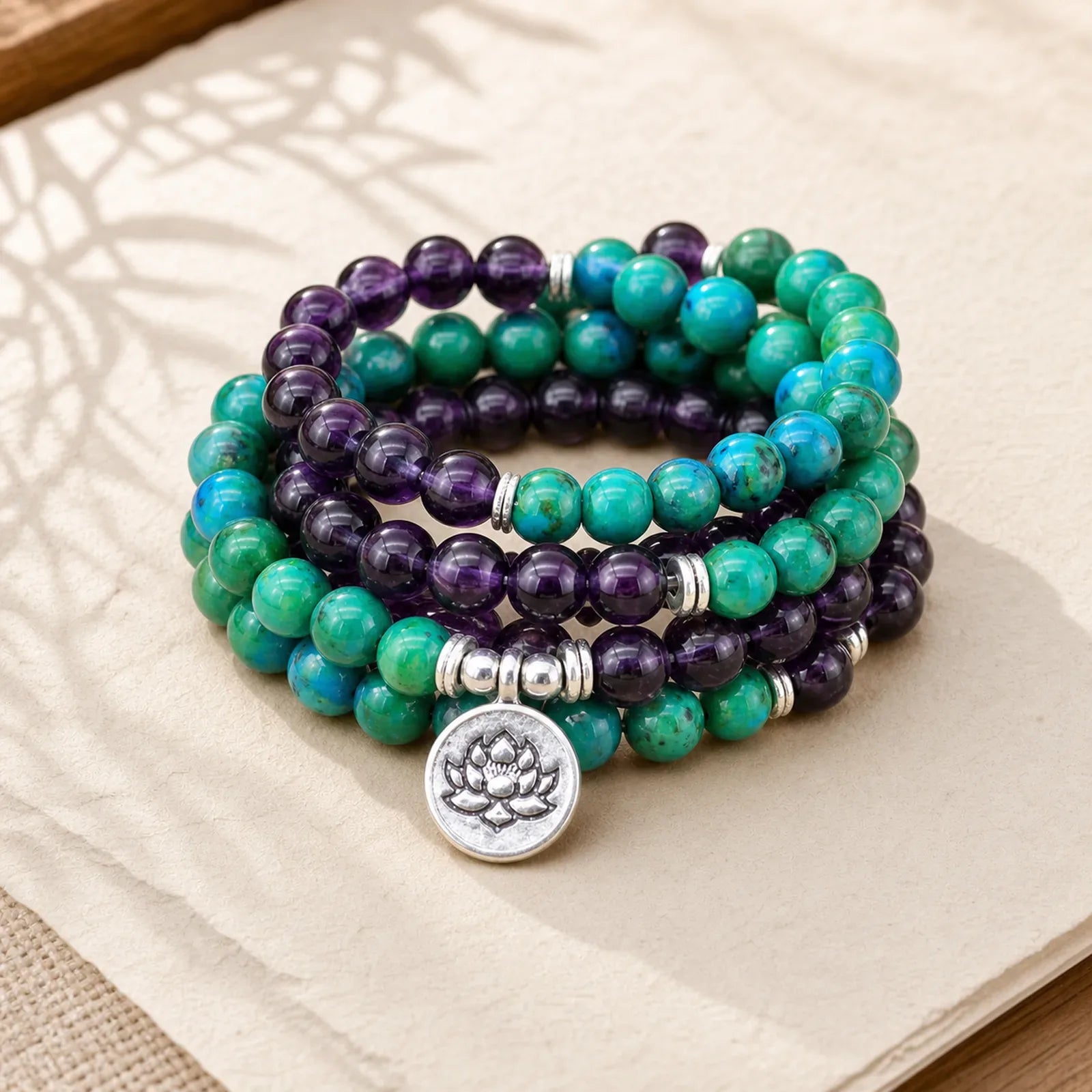 Amethyst Green Aventurine Spiritual Lotus Charm Bracelet featuring Amethyst, Green Aventurine, Lotus