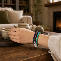 Amethyst Green Aventurine Spiritual Lotus Charm Bracelet featuring Amethyst, Green Aventurine, Lotus