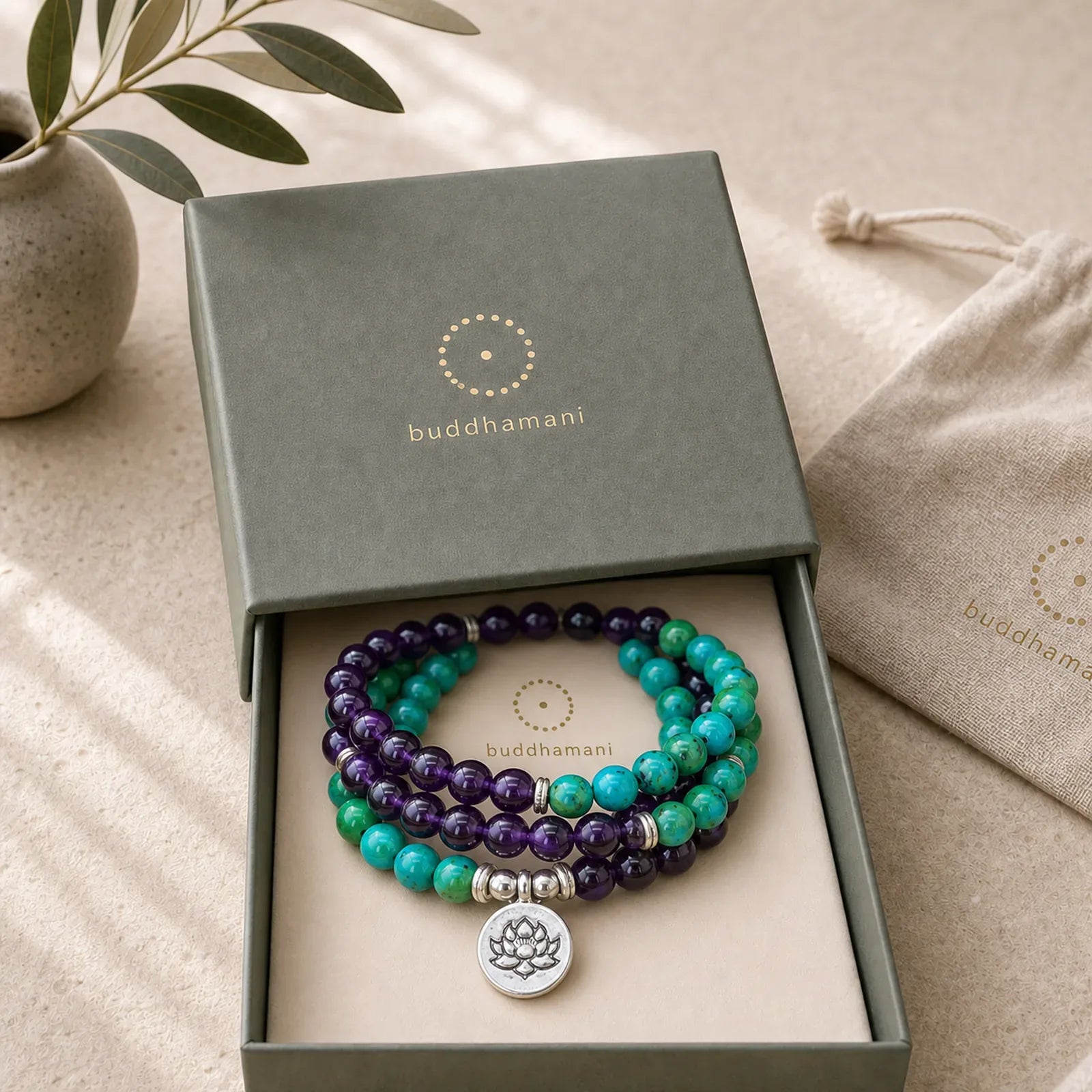 Amethyst Green Aventurine Spiritual Lotus Charm Bracelet featuring Amethyst, Green Aventurine, Lotus