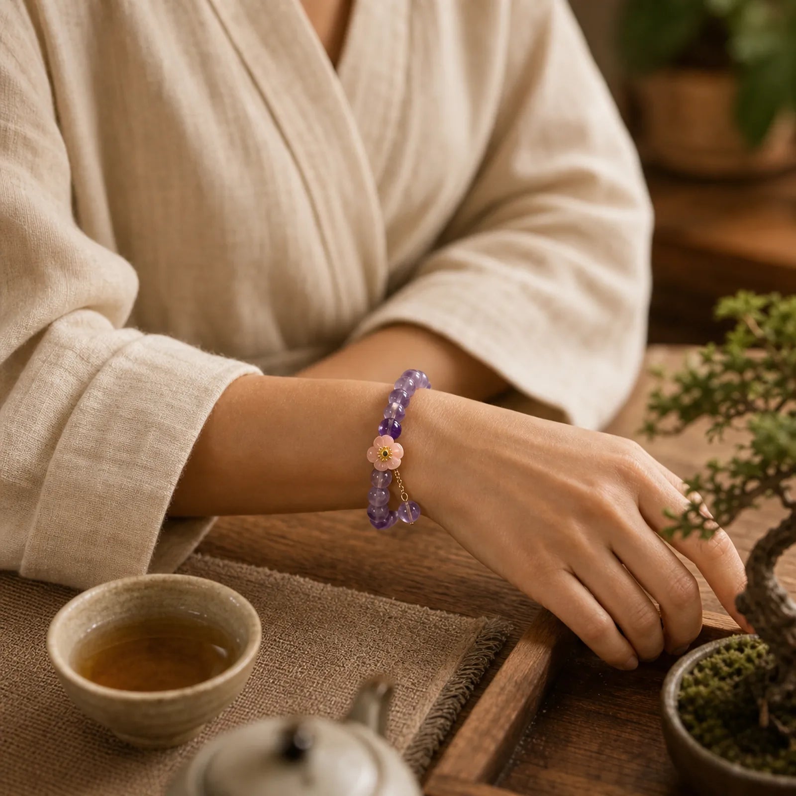 Amethyst Peach Blossom Fortune Meditation Bracelet featuring Amethyst