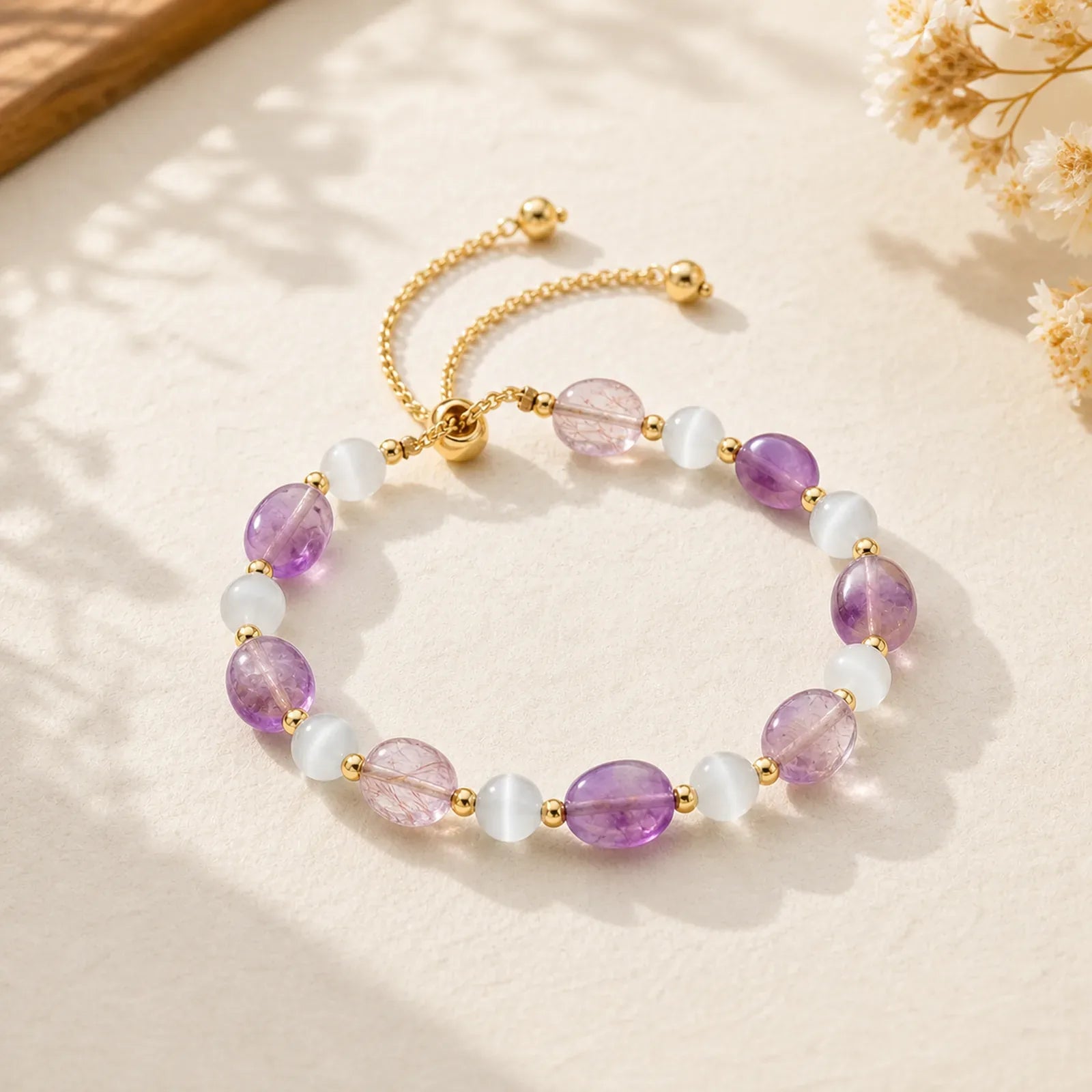 Amethyst Pink Crystal Black Rutilated Quartz Spiritual Awareness Bracelet featuring Amethyst, Pink Crystal, Black Rutilated Quartz