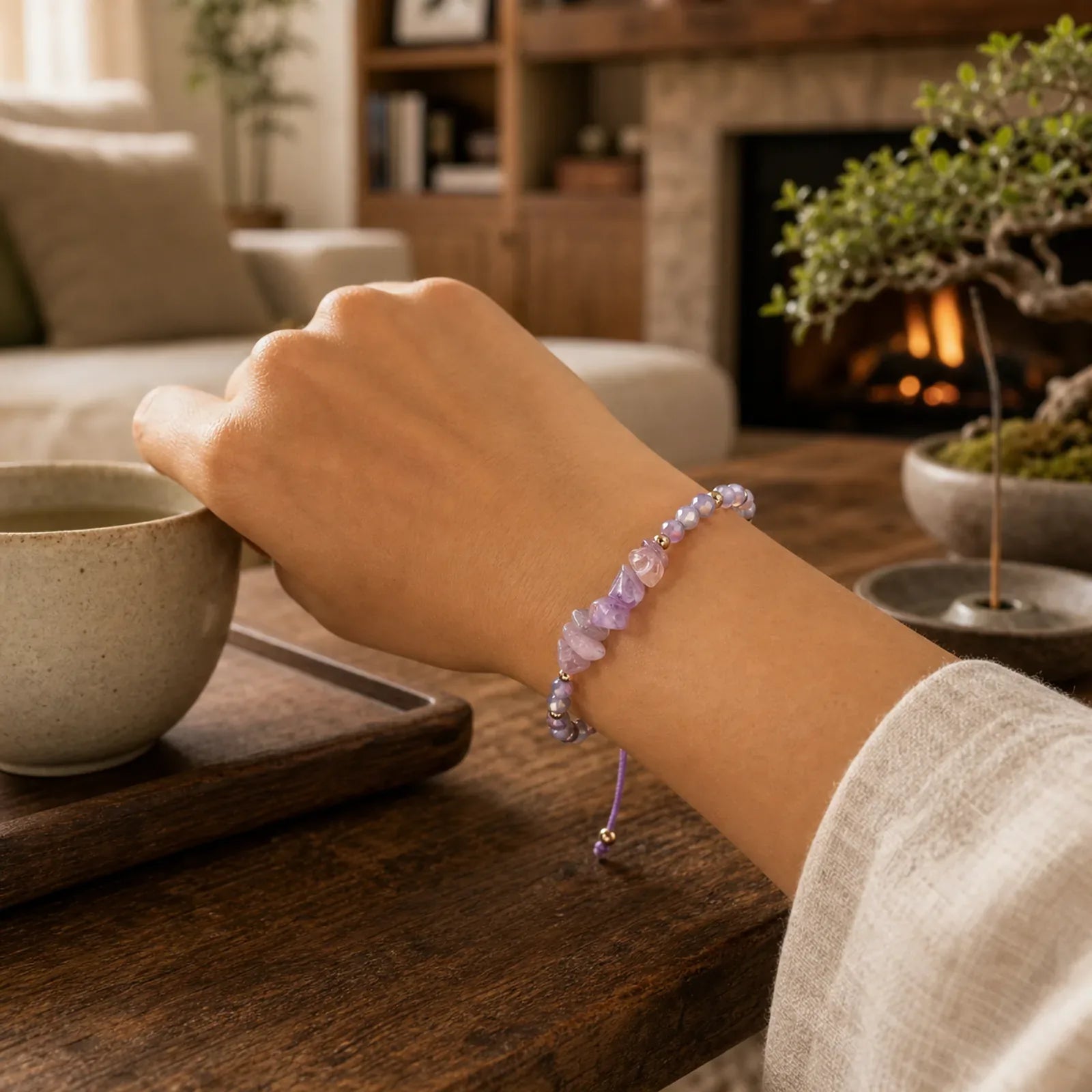Amethyst Purify Knit Bracelet featuring Amethyst, Tiger Eye, Pink Crystal
