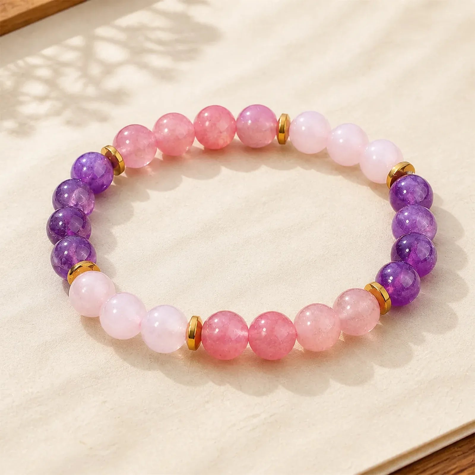 Amethyst Strawberry Quartz Pink Crystal Beads Love Peace Bracelet featuring Amethyst, Strawberry Quartz, Pink Crystal