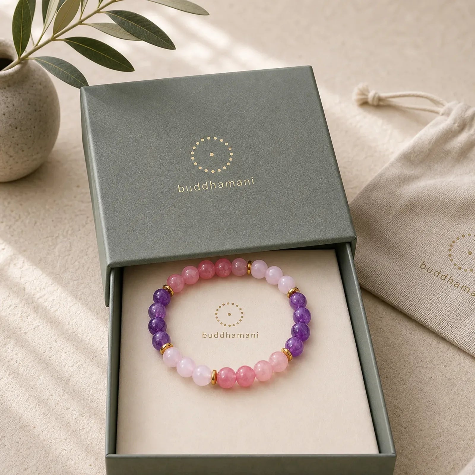 Amethyst Strawberry Quartz Pink Crystal Beads Love Peace Bracelet featuring Amethyst, Strawberry Quartz, Pink Crystal