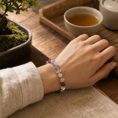 Amethyst Strawberry Quartz White Crystal Nine Tailed Fox Meditation Bracelet featuring Amethyst, Strawberry Quartz, Clear Quartz / White Crystal