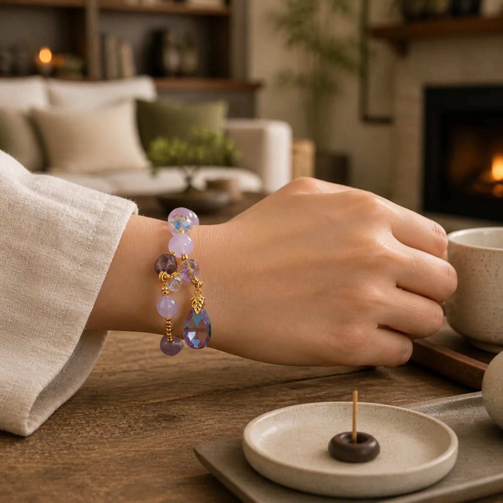 Amethyst White Crystal Drop Meditation Bracelet featuring Amethyst, Clear Quartz / White Crystal