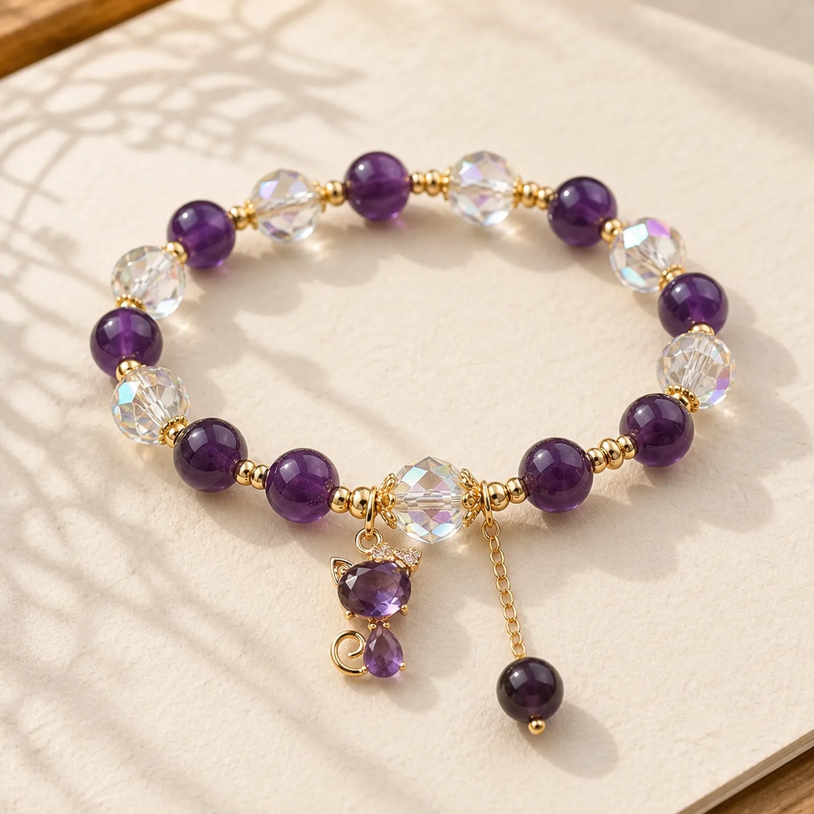 Amethyst White Crystal Fox Meditation Bracelet featuring Amethyst, Clear Quartz / White Crystal