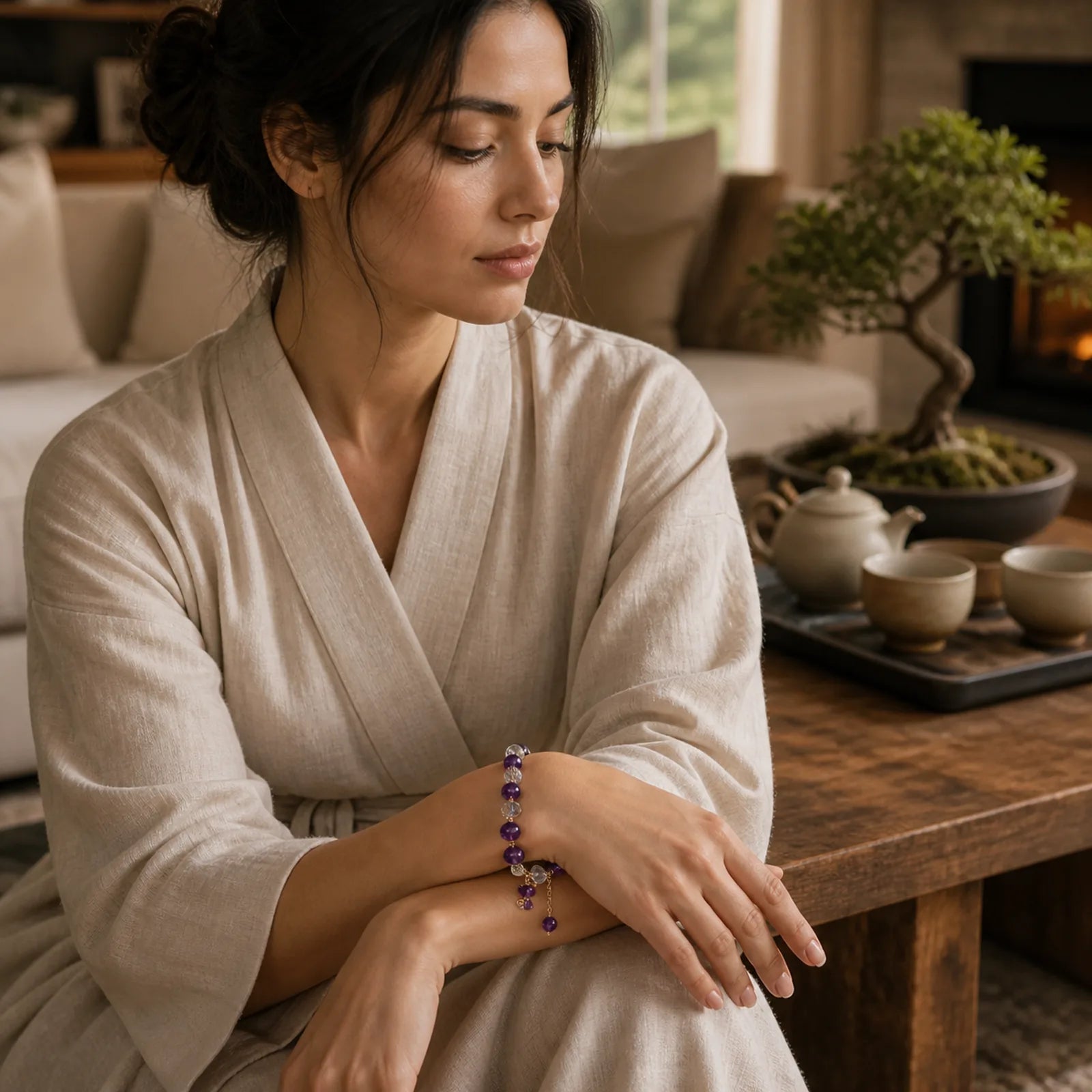 Amethyst White Crystal Fox Meditation Bracelet featuring Amethyst, Clear Quartz / White Crystal