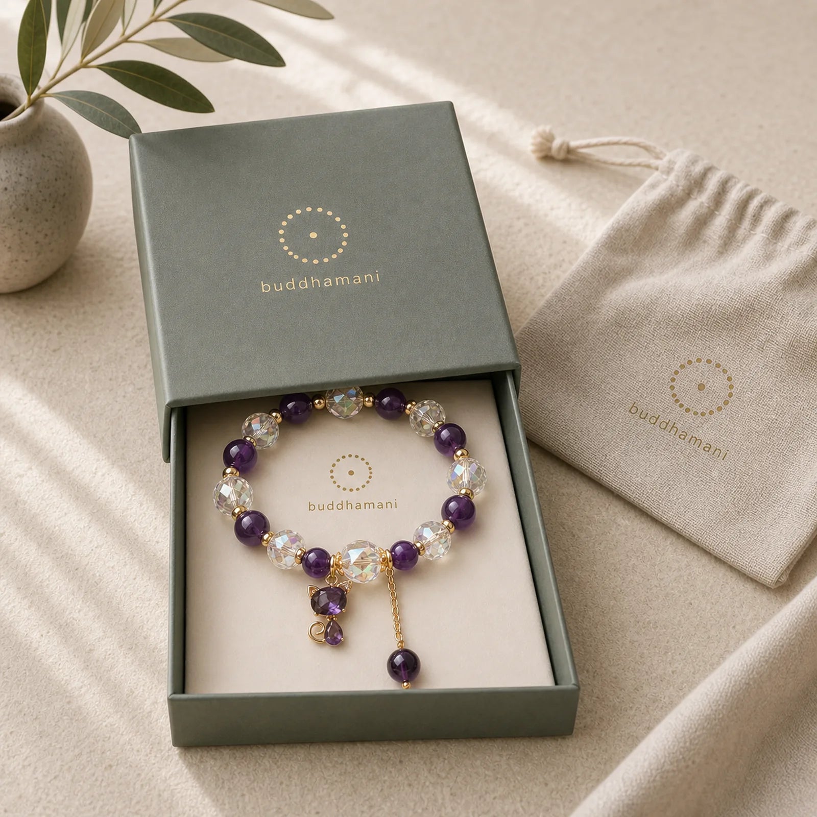 Amethyst White Crystal Fox Meditation Bracelet featuring Amethyst, Clear Quartz / White Crystal