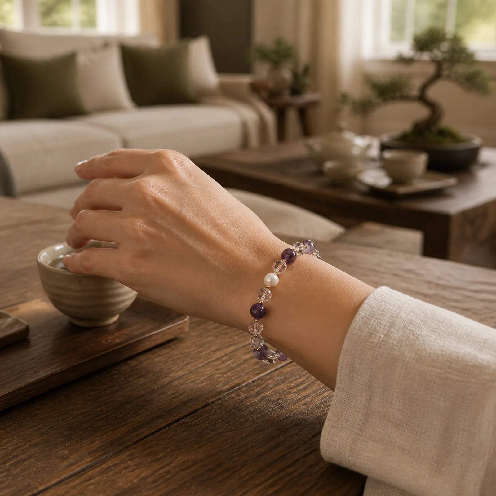 Amethyst White Crystal Pearl Communication Bracelet featuring Amethyst, Clear Quartz / White Crystal, Pearl