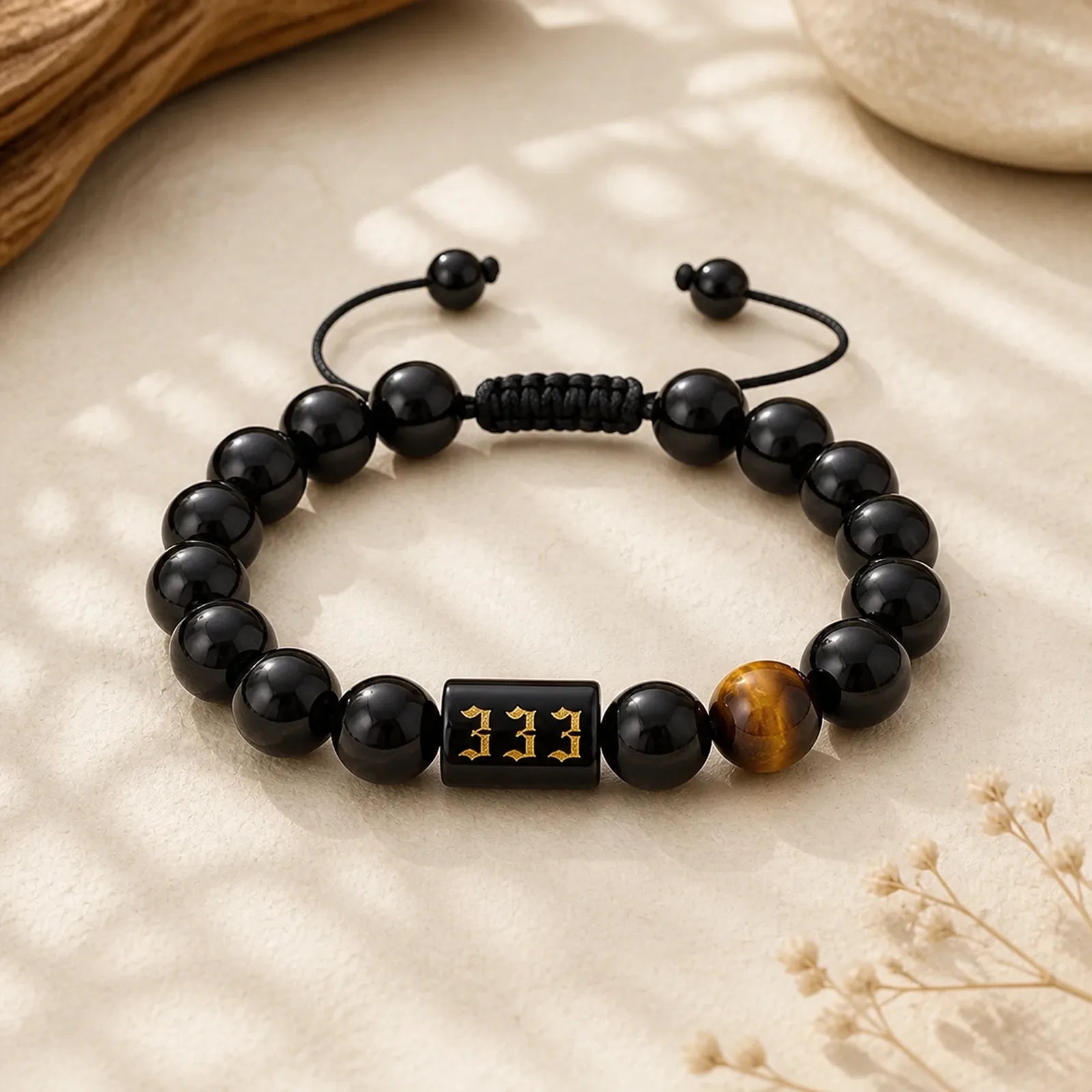 Angel Number Natural Black Obsidian Tiger Eye Strength Fulfillment Bracelet featuring Black Obsidian, Tiger Eye
