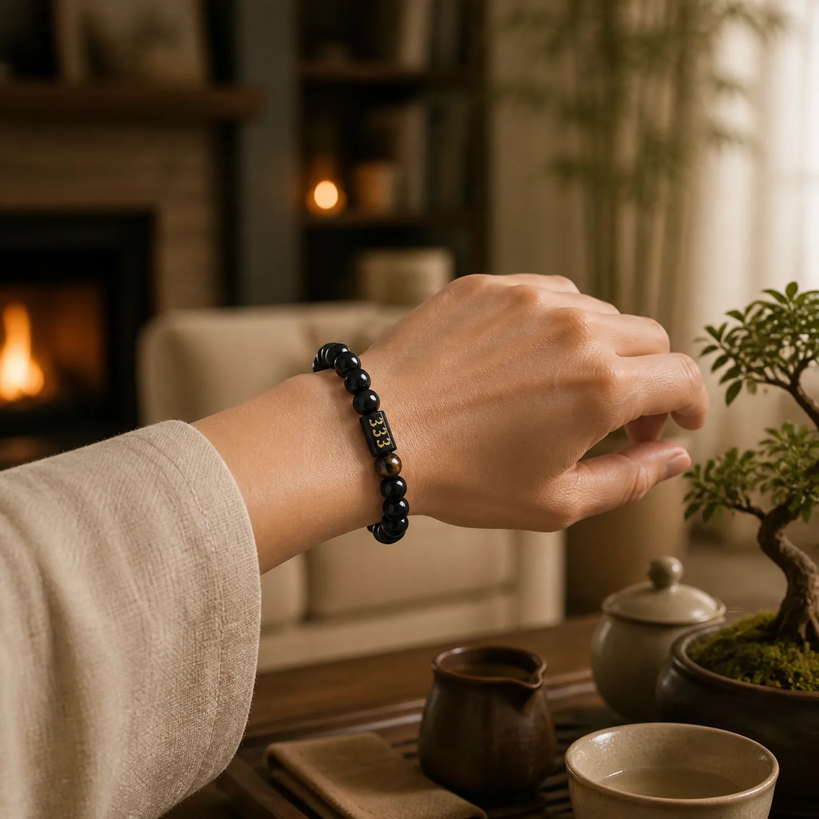 Angel Number Natural Black Obsidian Tiger Eye Strength Fulfillment Bracelet featuring Black Obsidian, Tiger Eye