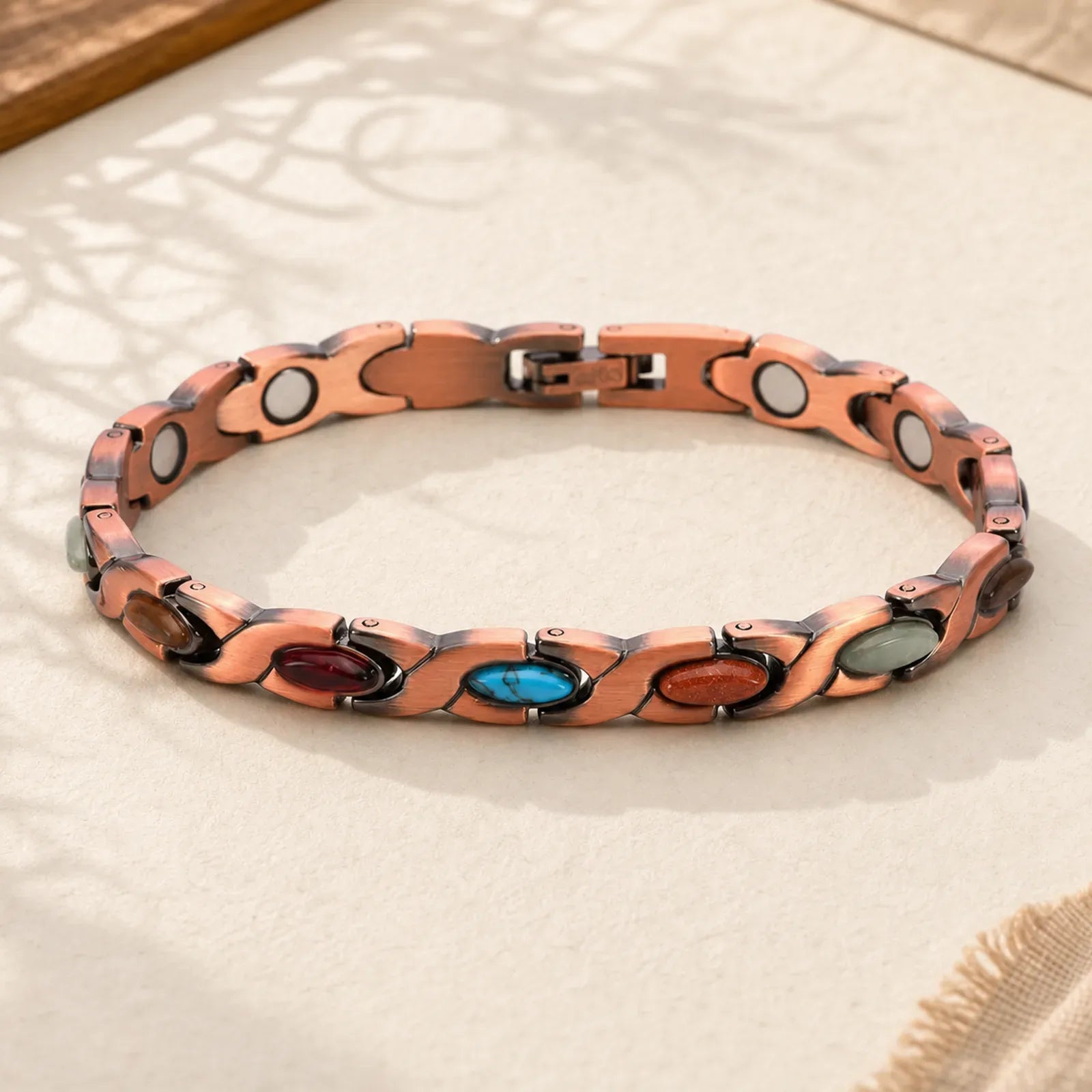 Antique Copper Turquoise Inlaid Balance Adjustable Grain Link Bracelet featuring Copper, Turquoise