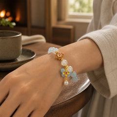 Aquamarine Cat's Eye Healing Butterfly Pearl Charm Bracelet featuring Aquamarine, Cat's Eye / Chrysoberyl, Butterfly