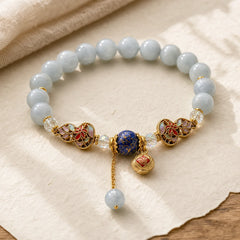 Aquamarine Fu Character Luck Cloisonné Gourd Dangle Round Bracelet featuring Aquamarine, Fu Character, Pink Chalcedony