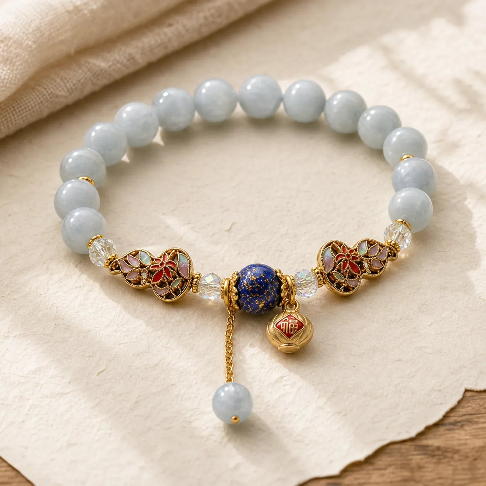 Aquamarine Fu Character Luck Cloisonné Gourd Dangle Round Bracelet featuring Aquamarine, Fu Character, Pink Chalcedony
