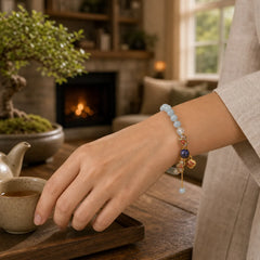 Aquamarine Fu Character Luck Cloisonné Gourd Dangle Round Bracelet featuring Aquamarine, Fu Character, Pink Chalcedony
