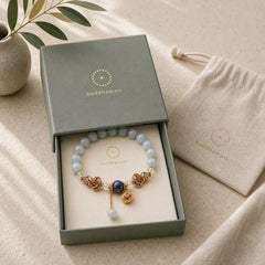 Aquamarine Fu Character Luck Cloisonné Gourd Dangle Round Bracelet featuring Aquamarine, Fu Character, Pink Chalcedony