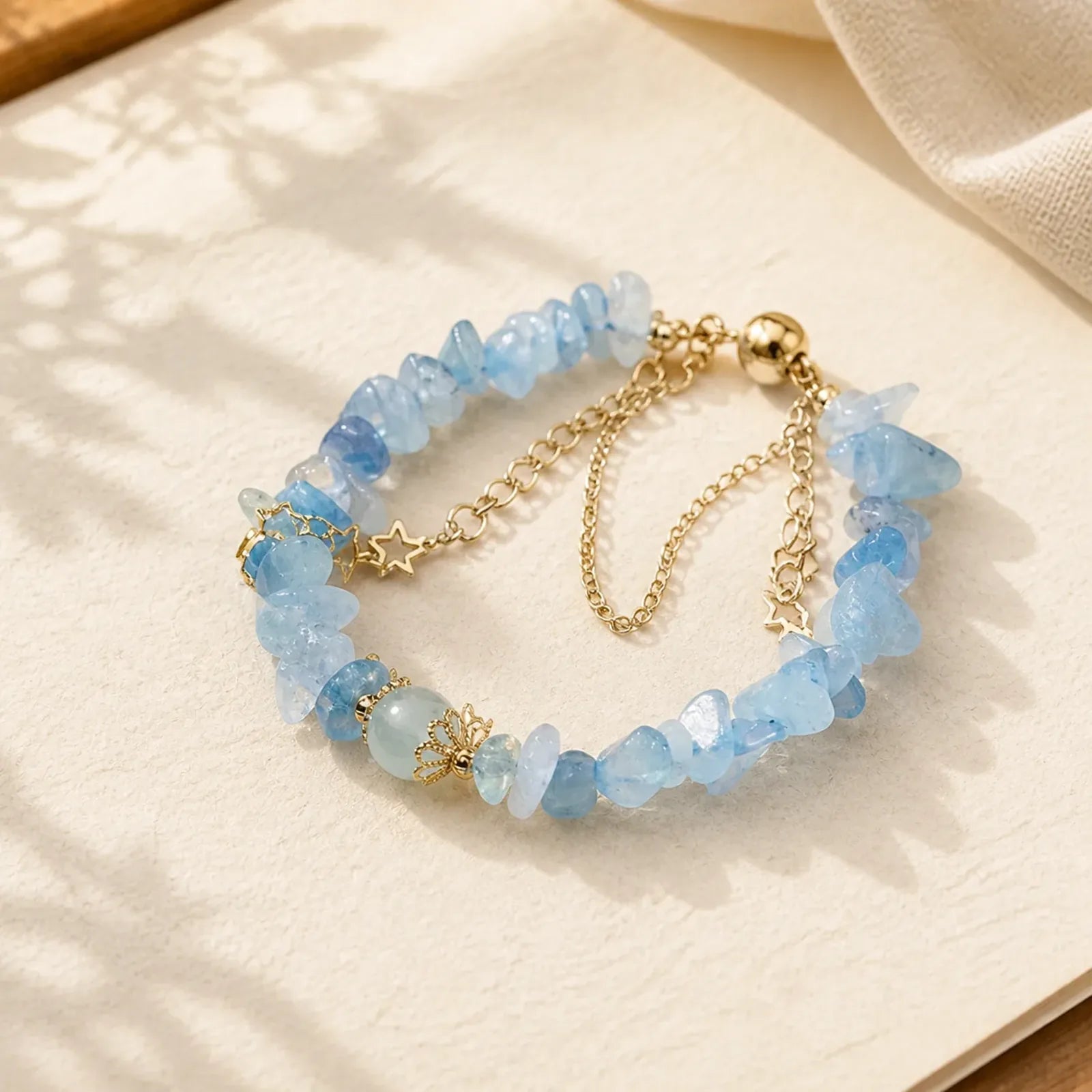 Aquamarine Gravel Design Star Healing Magnetic Buckle Bracelet featuring Aquamarine, Copper