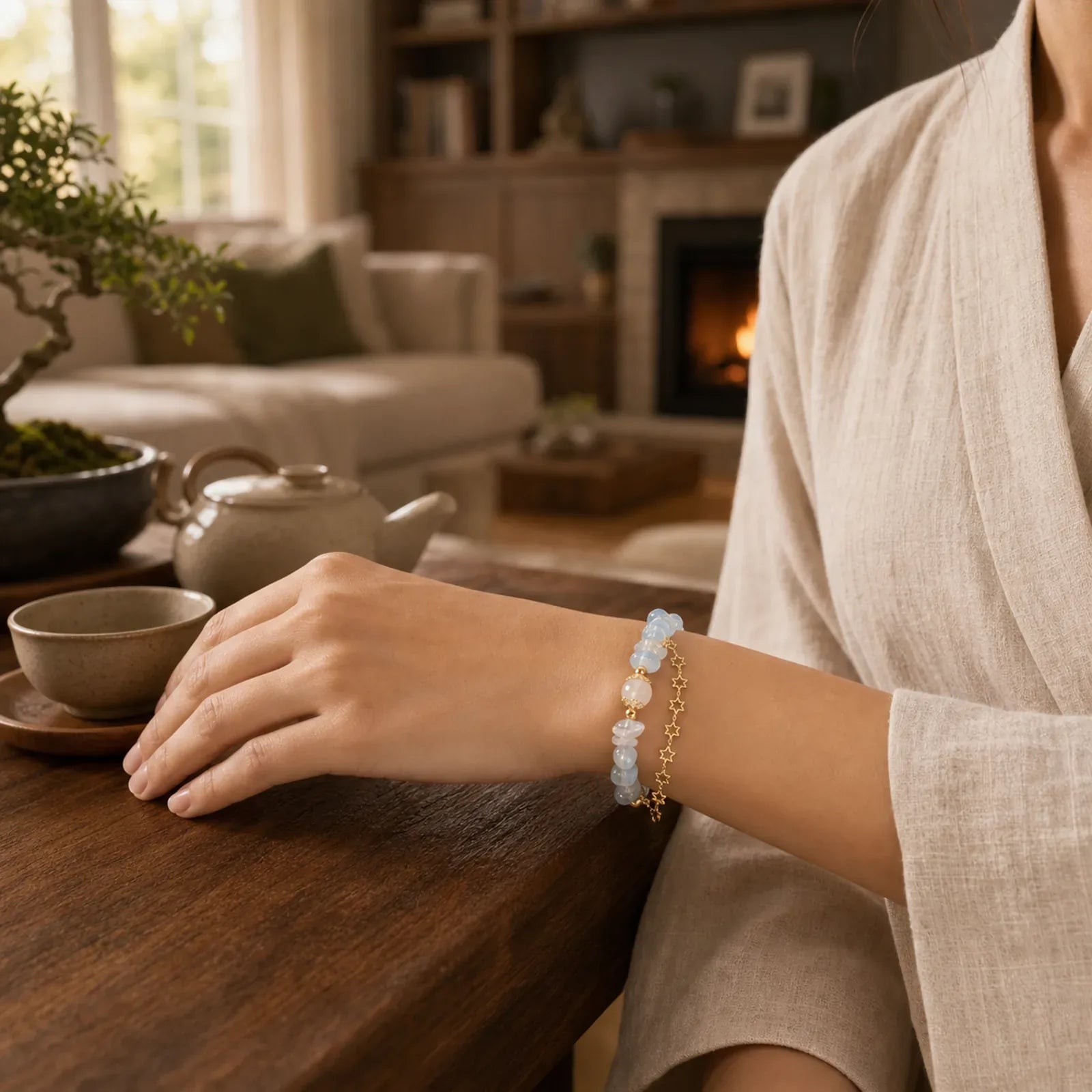 Aquamarine Gravel Design Star Healing Magnetic Buckle Bracelet featuring Aquamarine, Copper