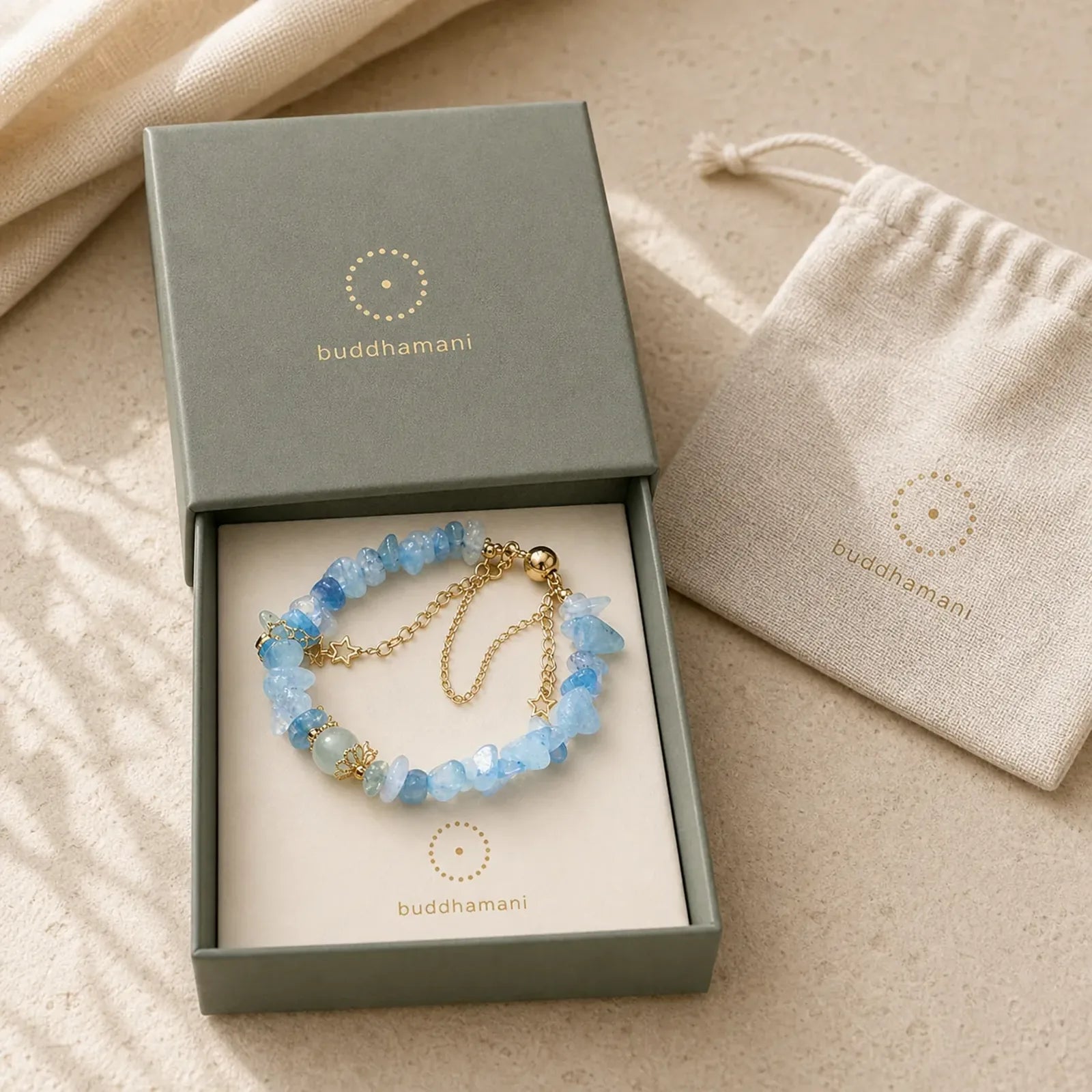 Aquamarine Gravel Design Star Healing Magnetic Buckle Bracelet featuring Aquamarine, Copper